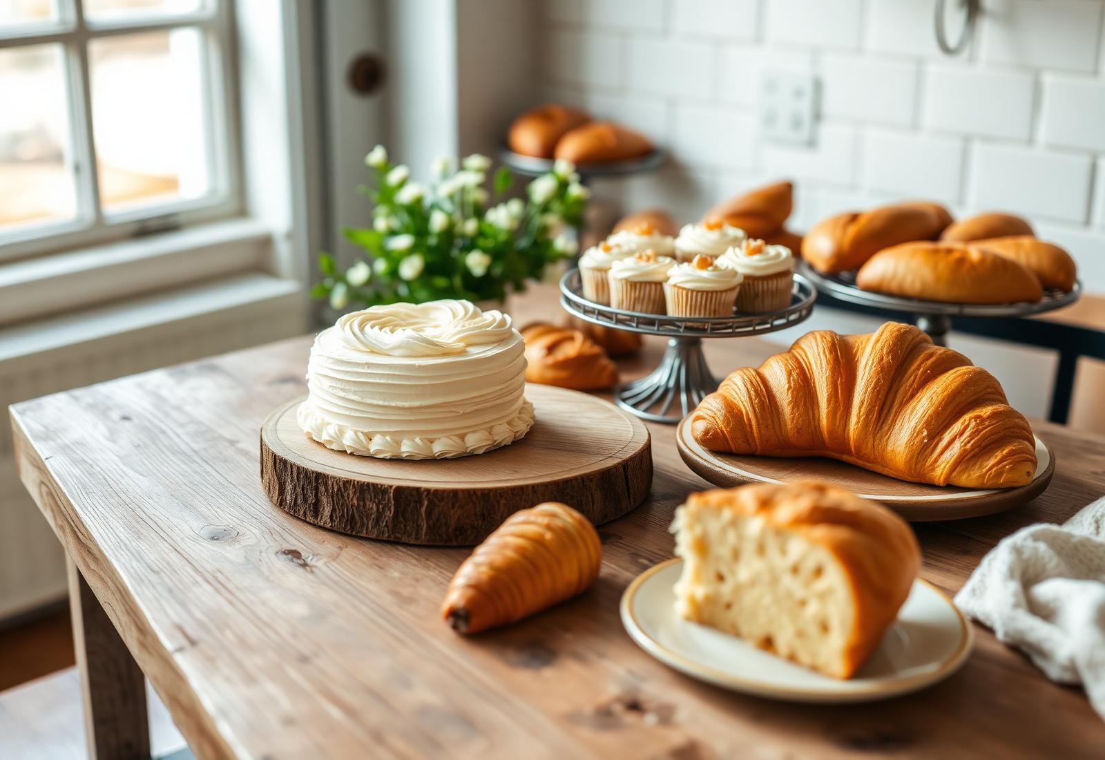 A spread of freshly baked cake, cupcakes, croissants and bread on a wooden table