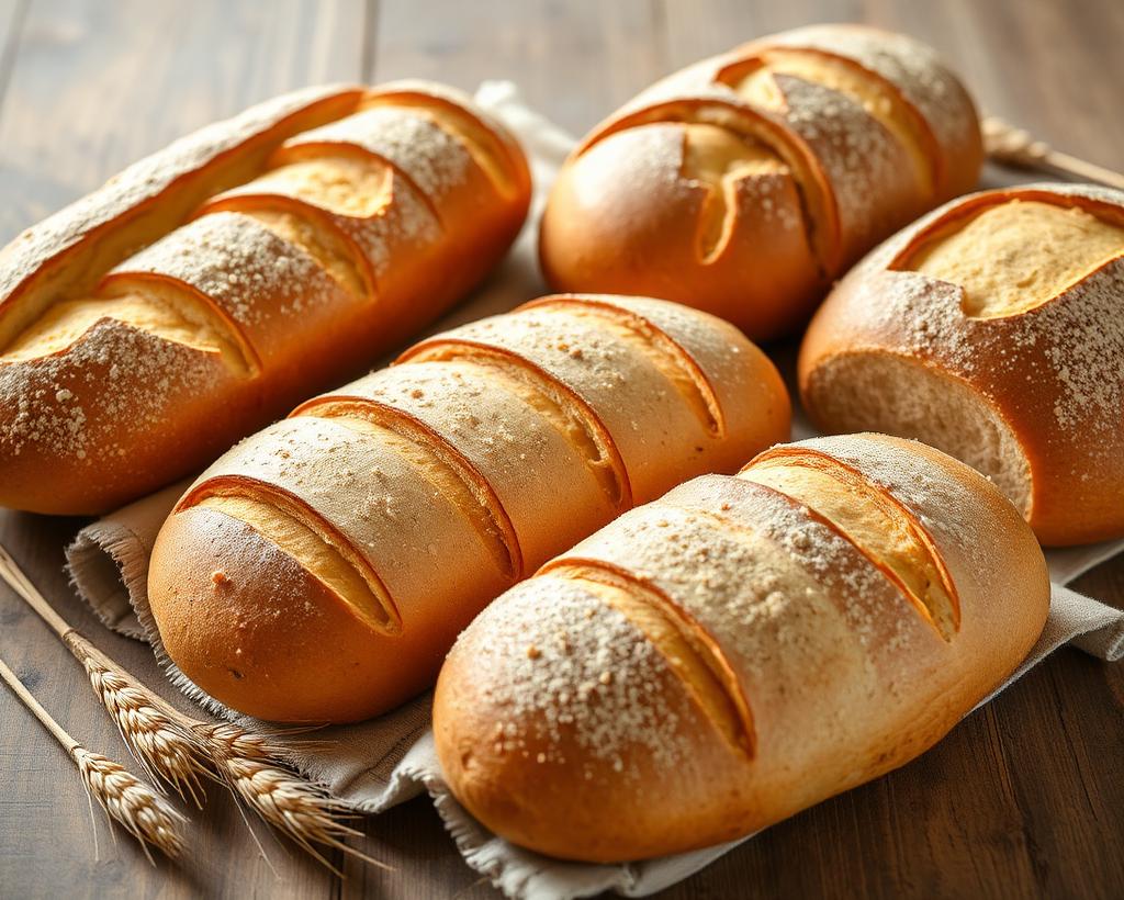 Fresh artisan bread loaves with golden crusts on a linen cloth