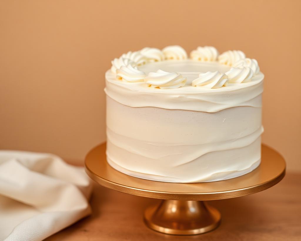 Homemade cream-frosted cake on a gold cake stand