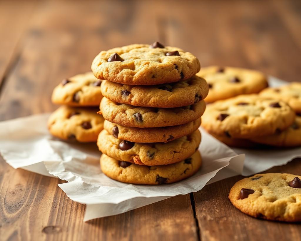 Stack of golden homemade cookies on parchment paper