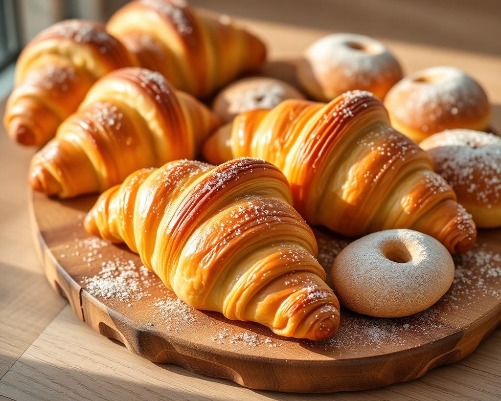 Flaky golden croissants and pastries dusted with icing sugar